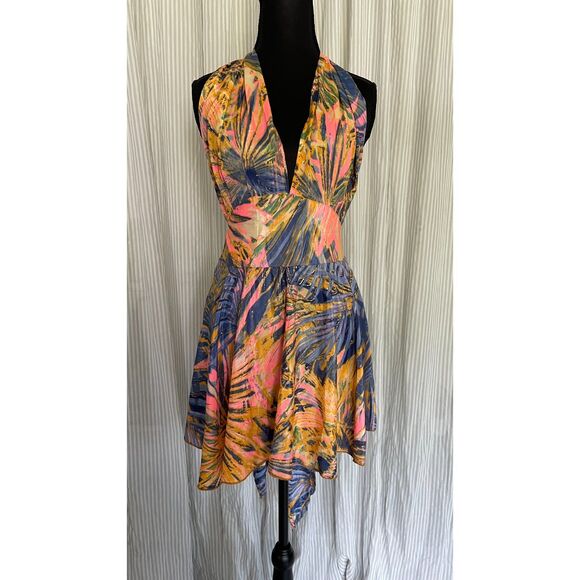 Women Multicolor Silk Halter Dress Sz Small Mini Resort Wear Summer Flirty Boho - Picture 2 of 8